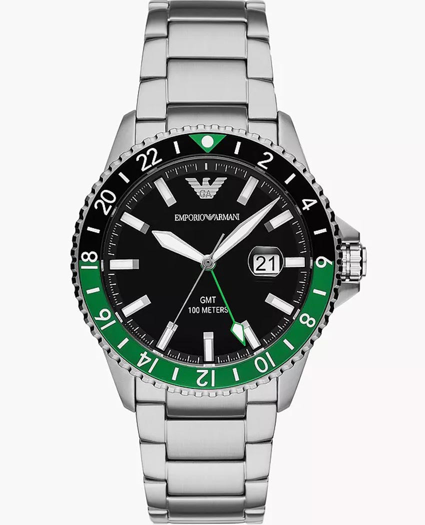 Emporio Armani Sea Explorer GMT Quartz Black Dial Silver Steel Strap Watch For Men - AR11589