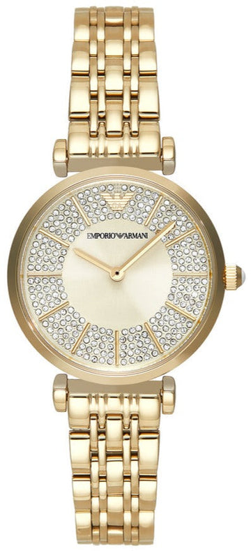Emporio Armani Gianni T Bar Analog Crystals Gold Dial Gold Steel Strap Watch For Women - AR11608