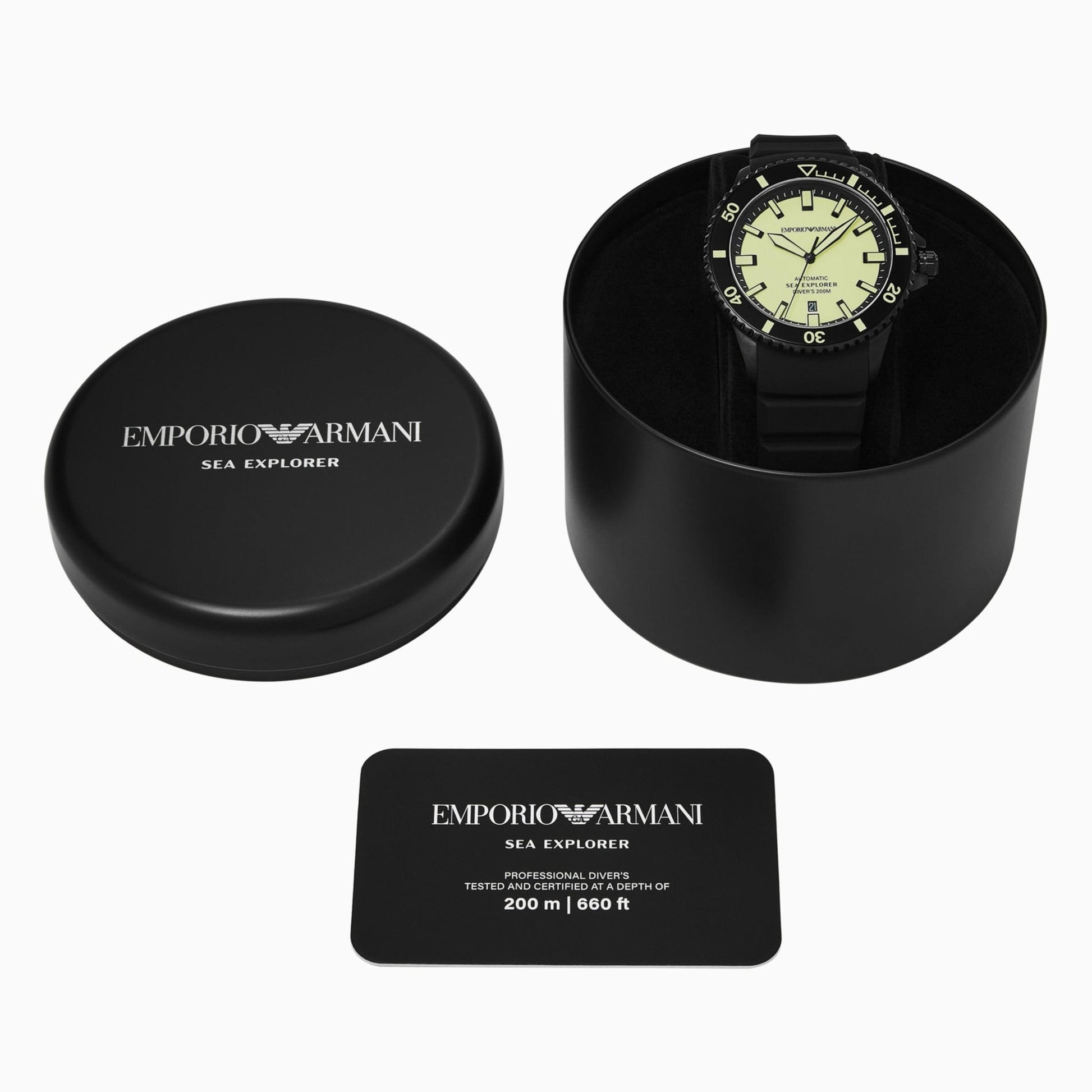 Emporio Armani Sea Explorer Automatic Yellow Dial Black Silicone Strap Watch For Men - AR60085