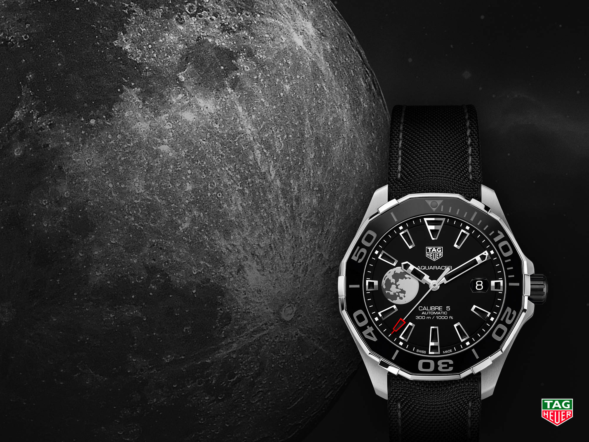 Tag Heuer Aquaracer Calibre 5 Moon Black Dial Black Nylon Strap Watch for Men - WAY201J.FC6370