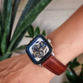 Fossil Inscription Automatic Skeleton Blue Dial Brown Leather Strap Watch for Men - BQ2571