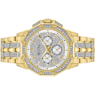 Bulova Crystal Collection Octova White Dial Gold Steel Strap Watch for Men - 98C126