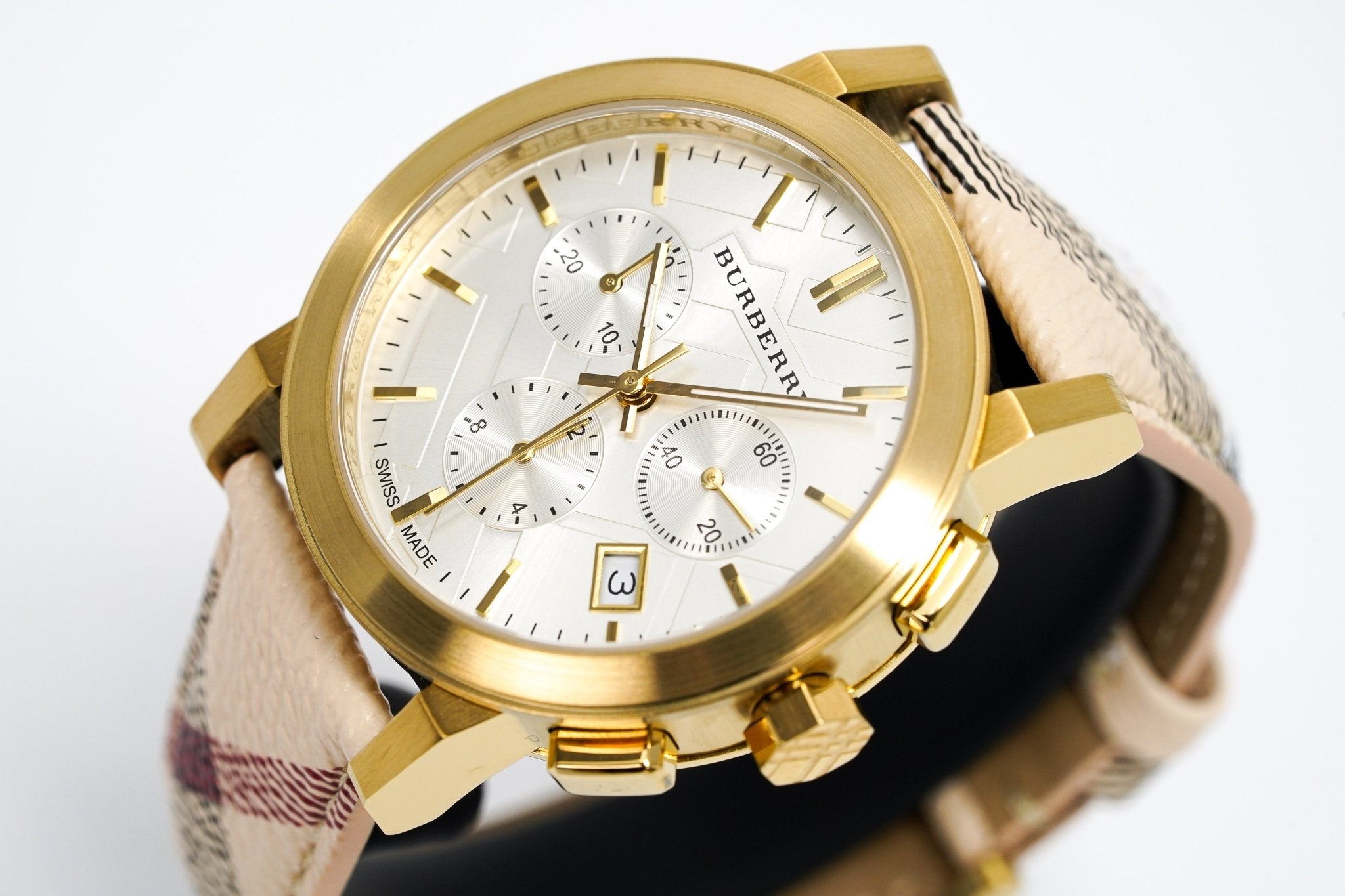 Burberry The City White Dial Haymarket Beige Leather Strap Watch for Women - BU9752