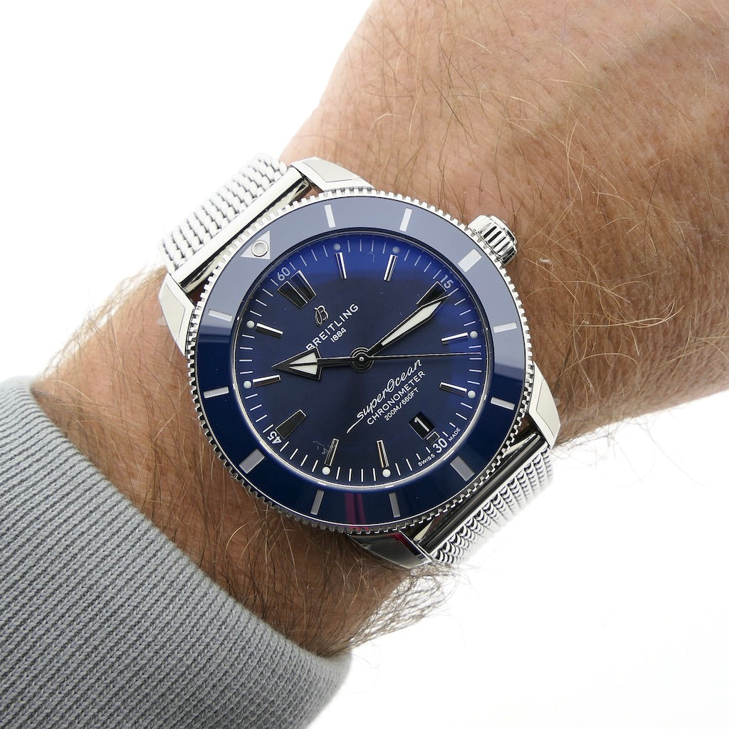Breitling Superocean Heritage B20 Automatic 44 Blue Dial Silver Mesh Bracelet Watch for Men - AB2030161C1A1