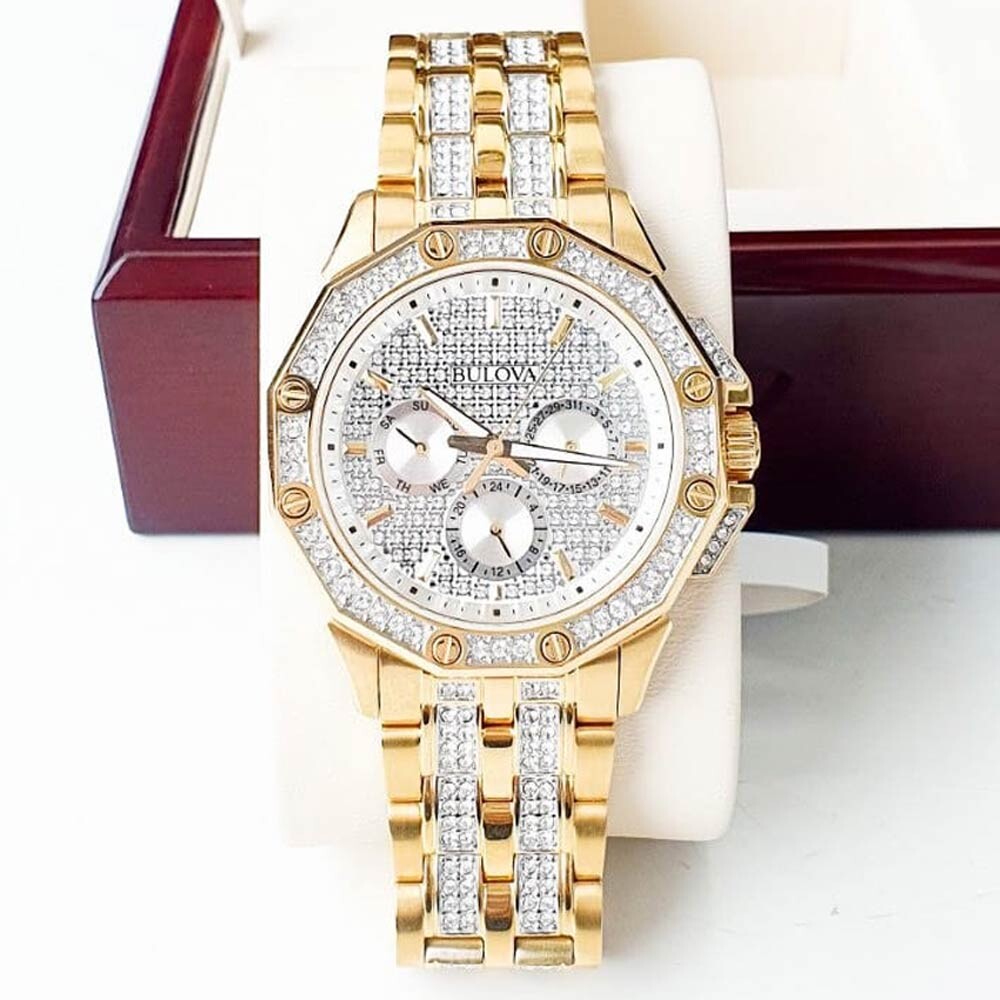 Bulova Crystal Collection Octova White Dial Gold Steel Strap Watch for Men - 98C126
