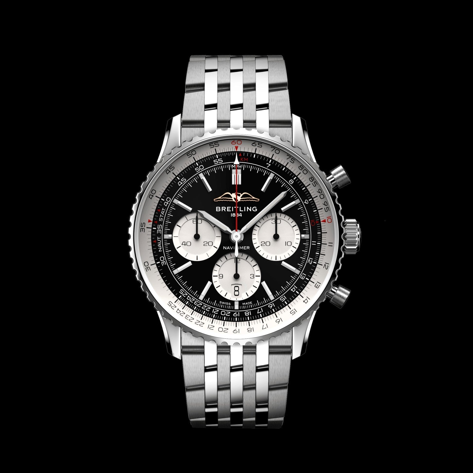 Breitling Navitimer B01 Chronograph 43 Black Dial Silver Steel Strap Watch for Men - AB0138211B1A1