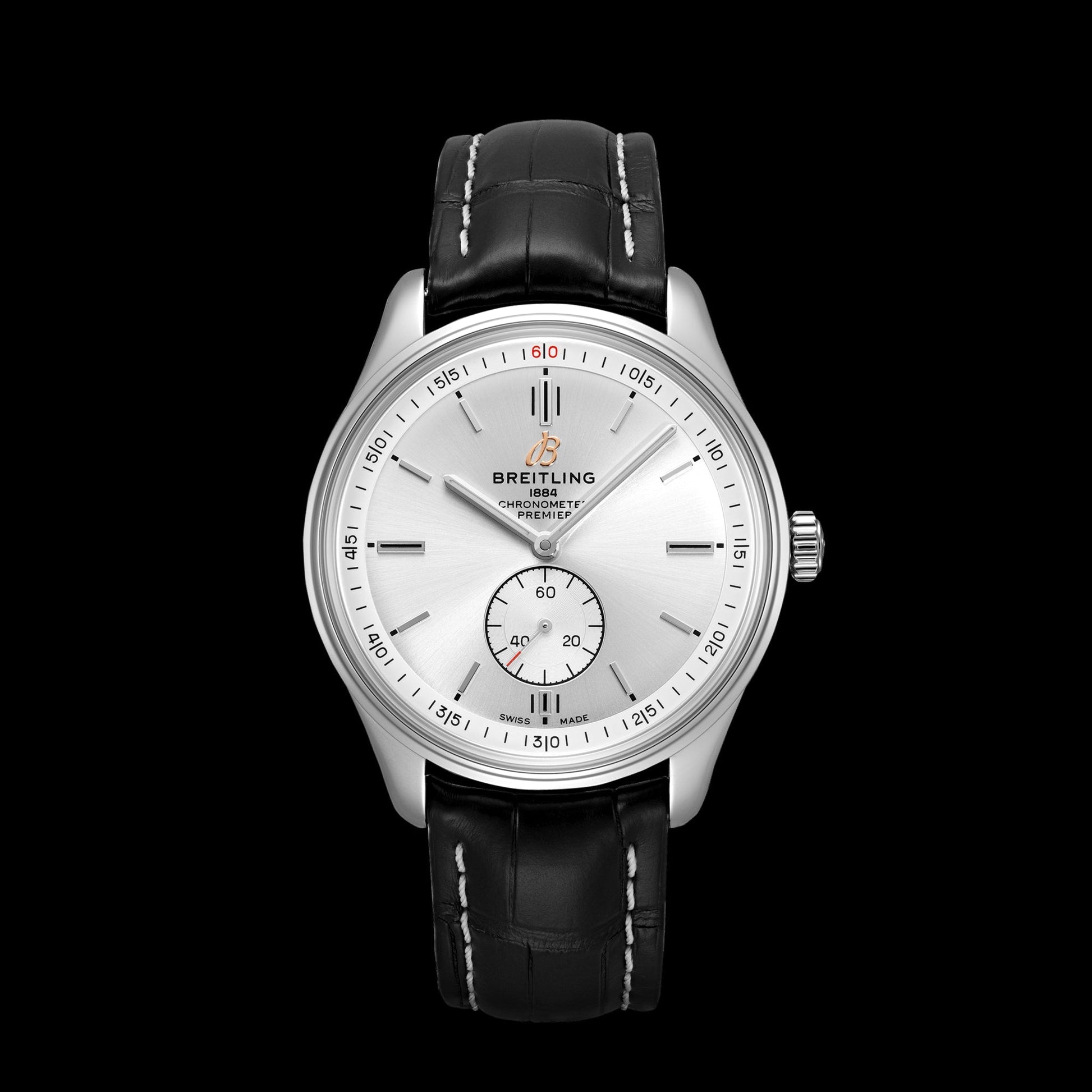 Breitling Premier Automatic 40mm Silver Dial Black Leather Strap Watch for Men - A37340351G1P1