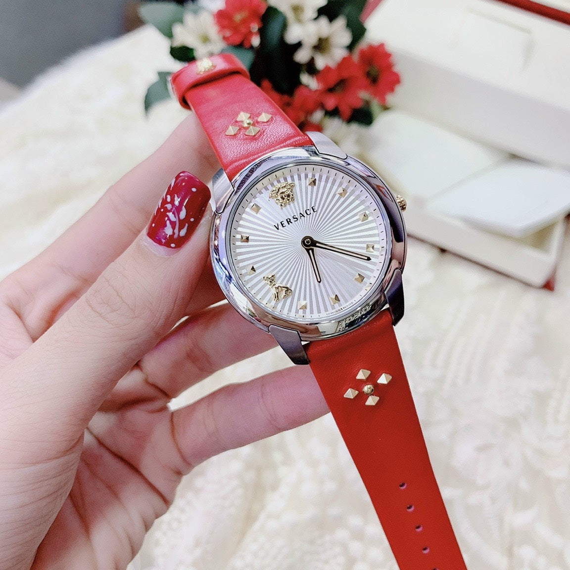Versace Audrey Quartz Silver Dial Red Leather Strap Watch for Women - VELR00219
