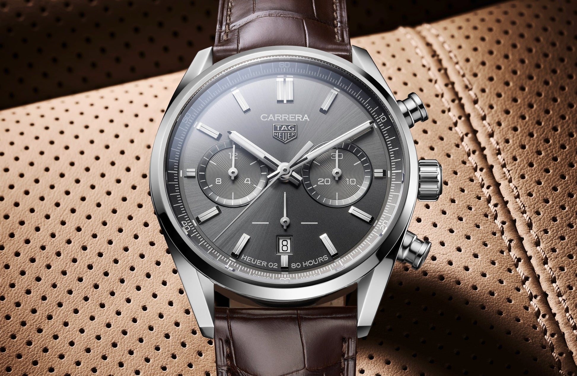 Tag Heuer Carrera Chronograph Grey Dial Brown Leather Strap Watch for Men - CBN2012.FC6483