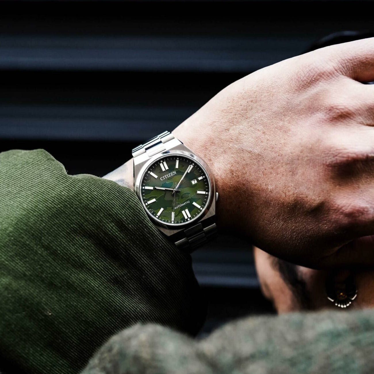 Citizen Tsuyosa Automatic Camouflage Green Dial Silver Steel Strap Watch For Men - NJ0159-86X