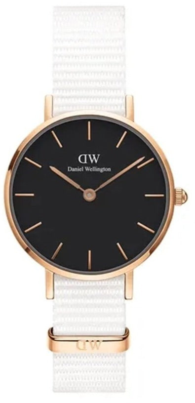Daniel Wellington Classic Petite Dover Black Dial White NATO Strap Watch For Women - DW00100314