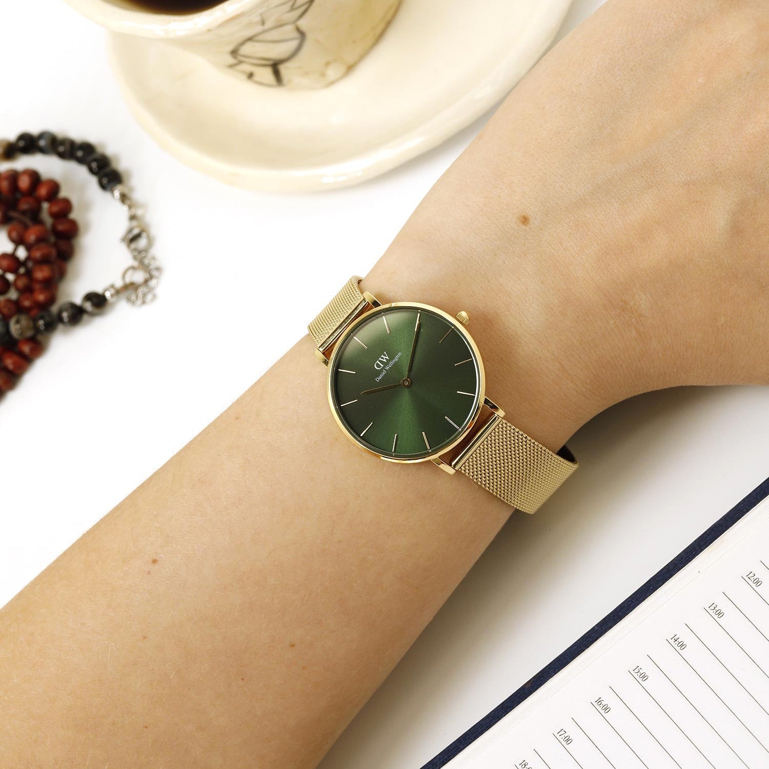 Daniel Wellington Petite Emerald Green Dial Gold Mesh Strap Watch For Women - DW00100480
