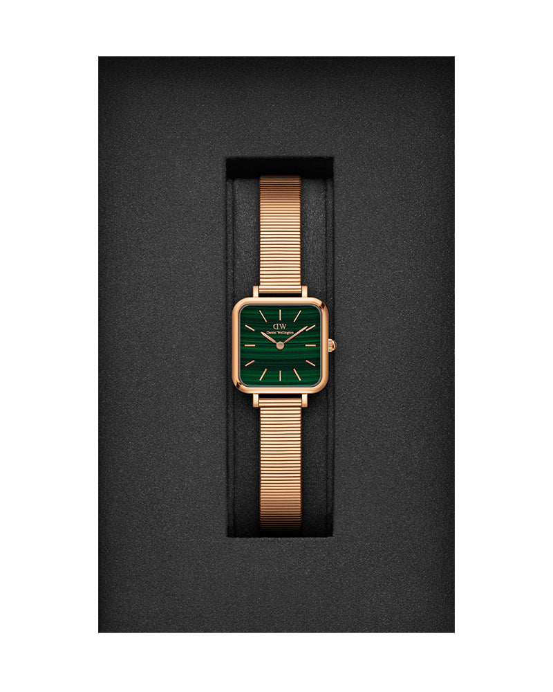 Daniel Wellington Quadro Studio Green Dial Rose Gold Mesh Strap Watch For Women - DW00100520