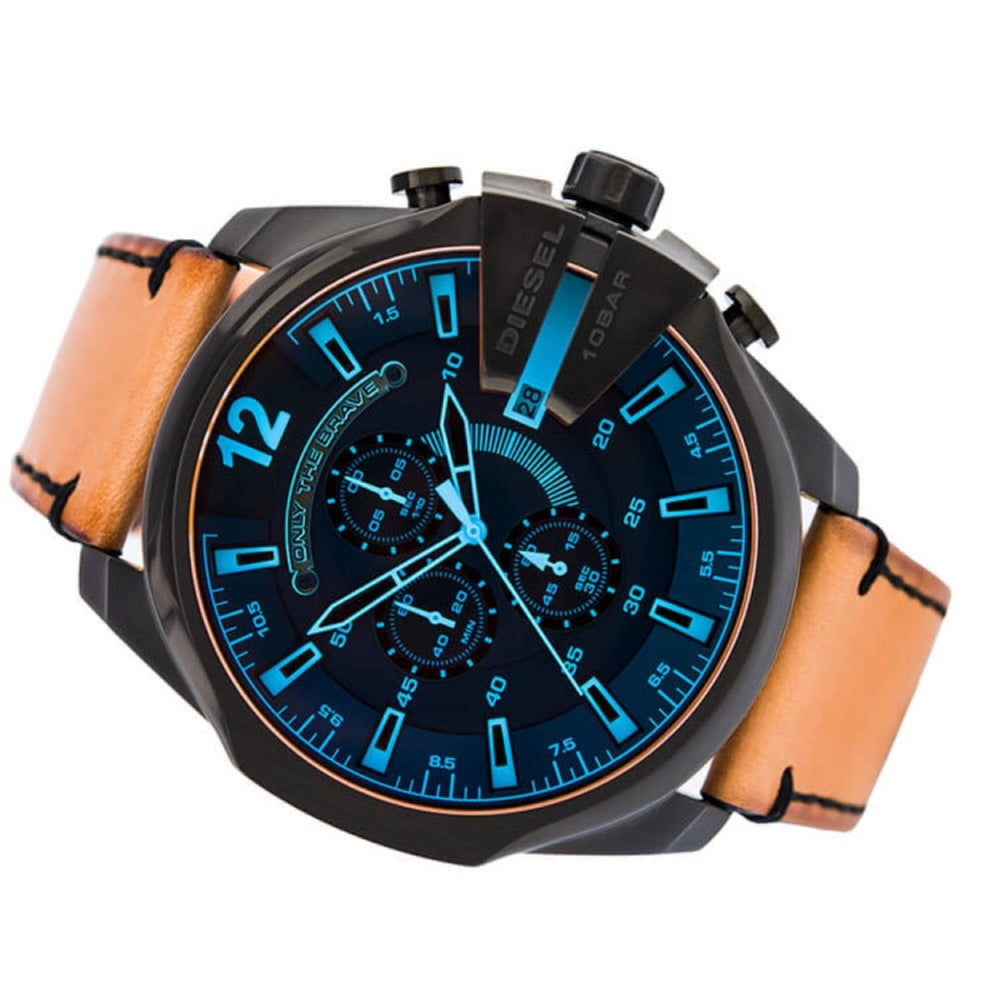 Diesel Mega Chief Chronograph Black Dial Brown Leather Strap Watch For Men - DZ4476
