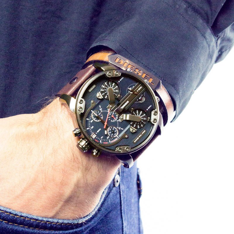 Diesel Mr Daddy Chronograph Blue Dial Brown Leather Strap Watch For Men - DZ7314