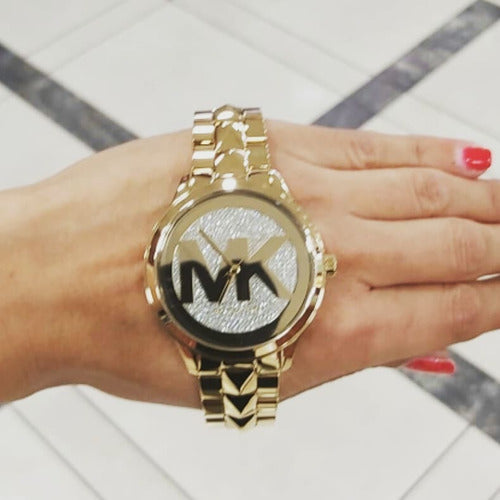Michael Kors Runway Mercer Crystals Gold Dial Gold Steel Strap Watch For Women - MK6714
