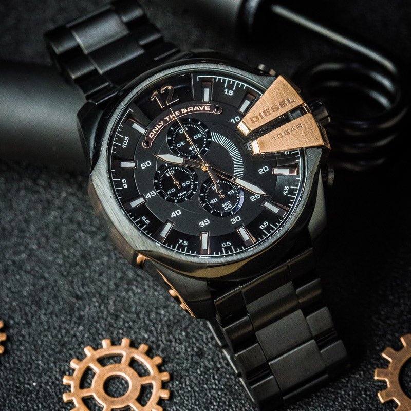 Diesel Mega Chief Chronograph Black Dial Black Steel Strap Watch For Men - DZ4309