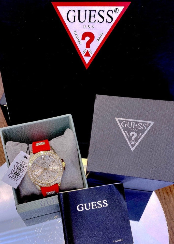 Guess Frontier Diamonds Gold Dial Red Rubber Strap Watch for Women - GW0045L2