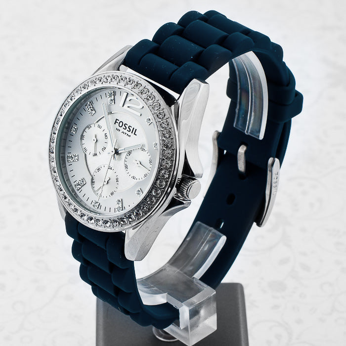 Fossil Riley White Dial Blue Leather Strap Watch for Women - ES3464