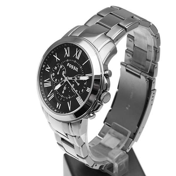 Fossil Grant Chronograph Black Dial Silver Steel Strap Watch for Men - FS4994