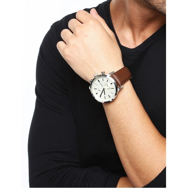 Fossil Pilot Chronograph White Dial Brown Leather Strap Watch for Men - FS5146