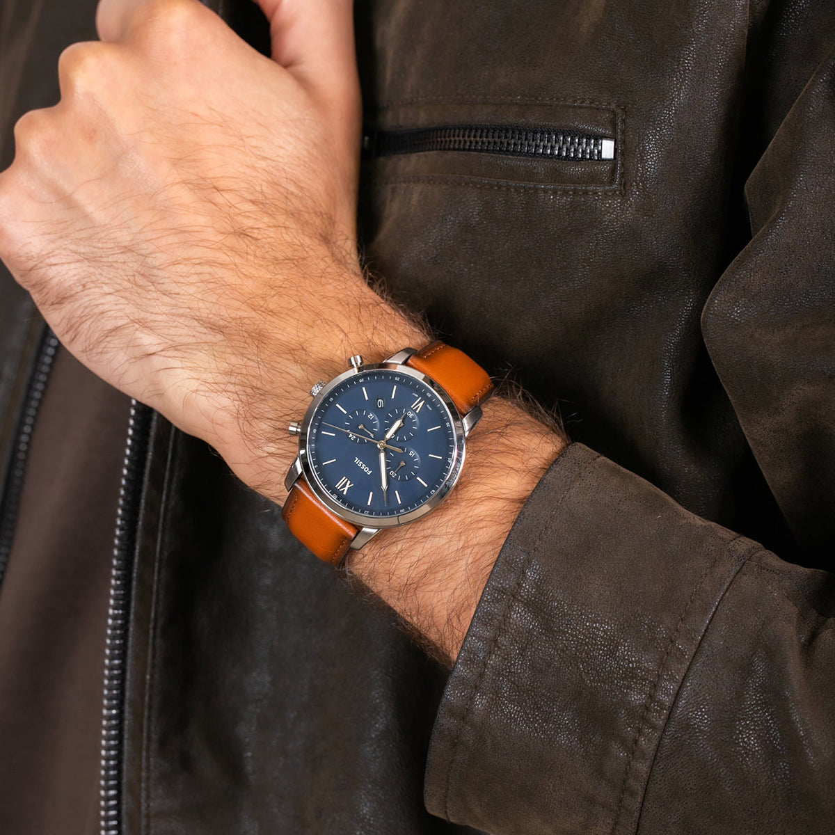 Fossil The Commuter Blue Dial Brown Leather Strap Watch for Men - FS5401