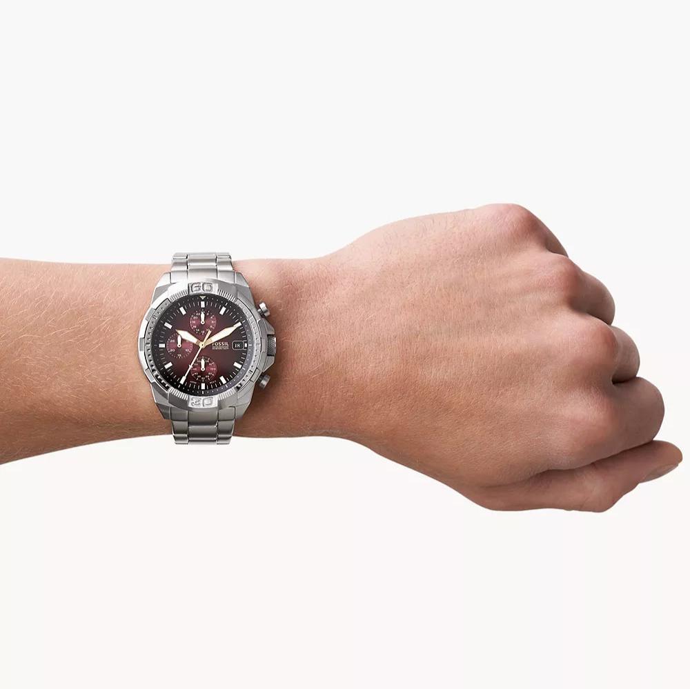 Fossil Bronson Chronograph Red Dial Silver Steel Strap Watch for Men - FS5878