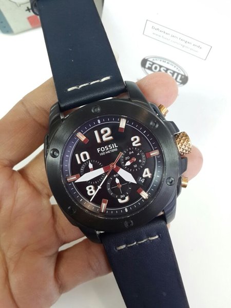 Fossil Modern Machine Chronograph Black Dial Blue Leather Strap Watch for Men - FS5066
