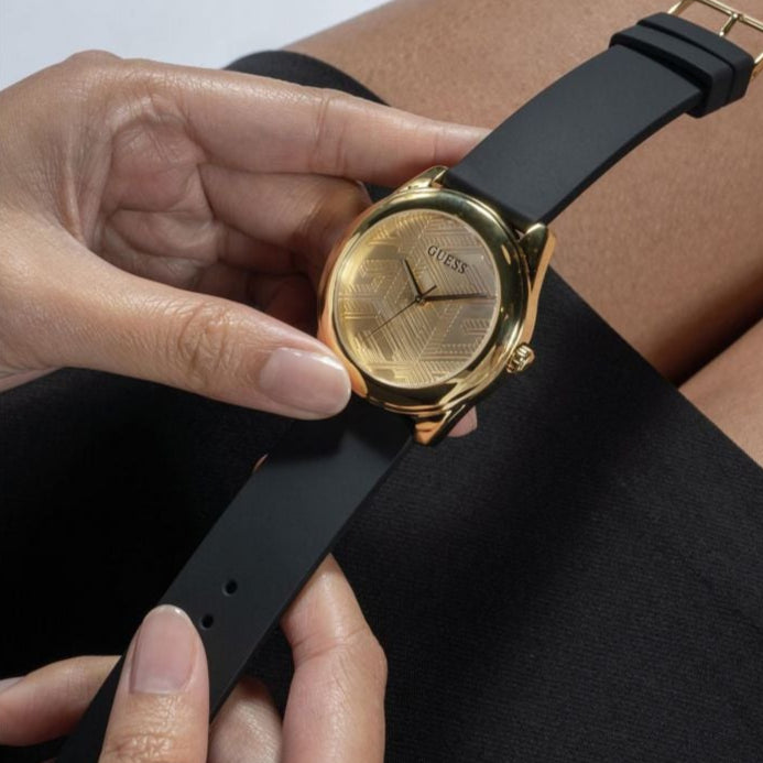 Guess Cubed Analog Gold Dial Black Silicone Strap Watch For Women - GW0665L1