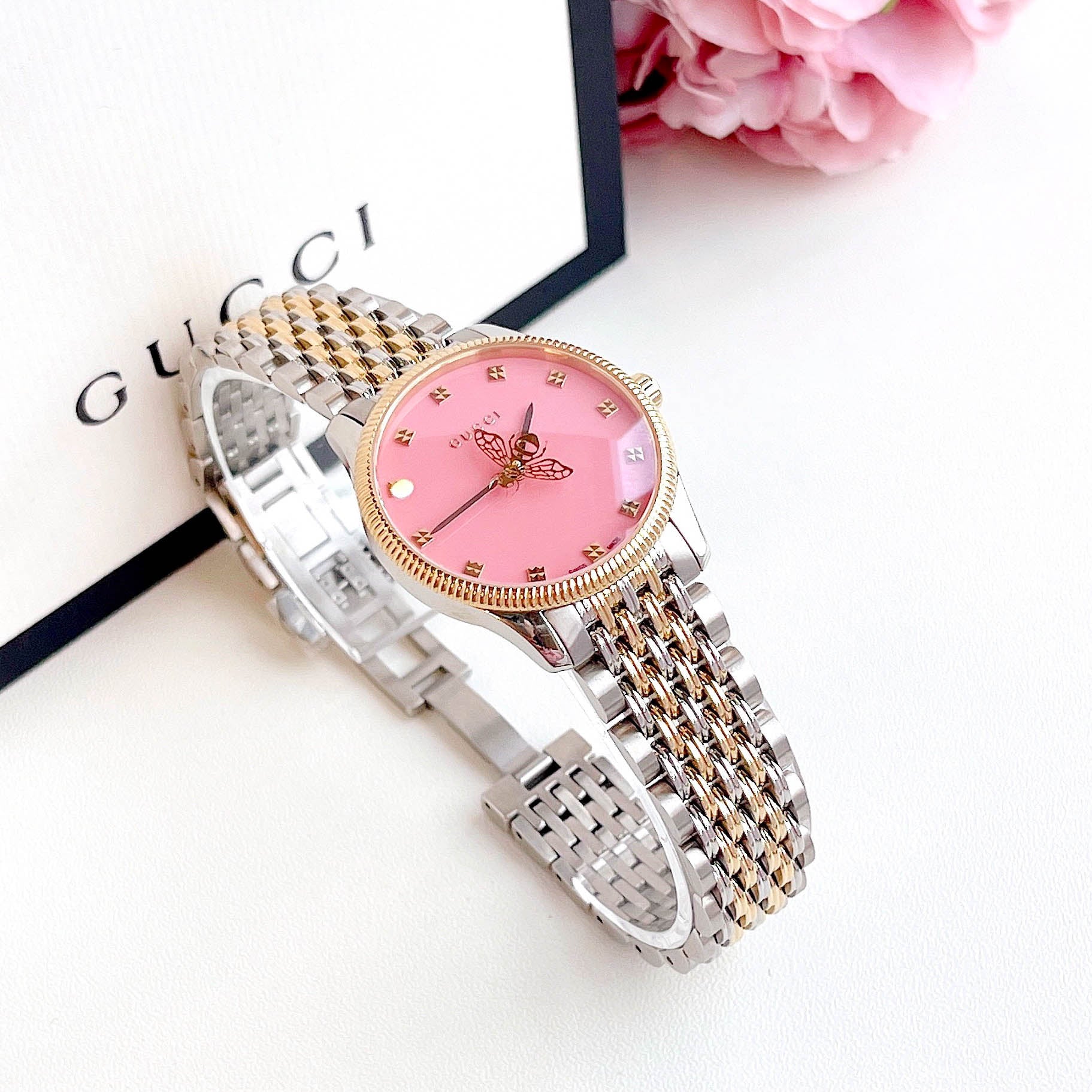 Gucci G Timeless Quartz Pink Dial Two Tone Steel Strap Watch For Women - YA1265030