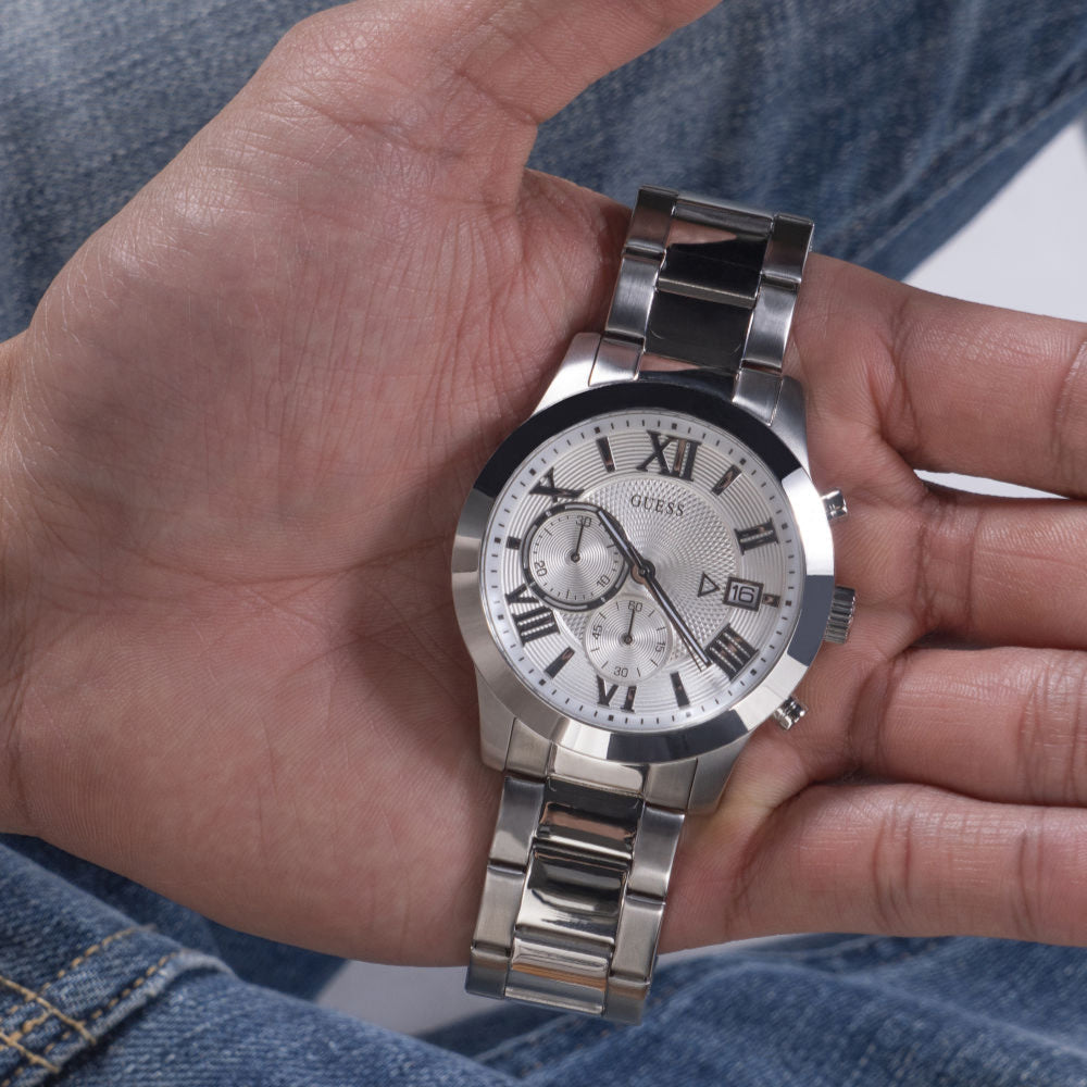 Guess Atlas Chronograph Silver Dial Silver Steel Strap Watch For Men - W0668G7