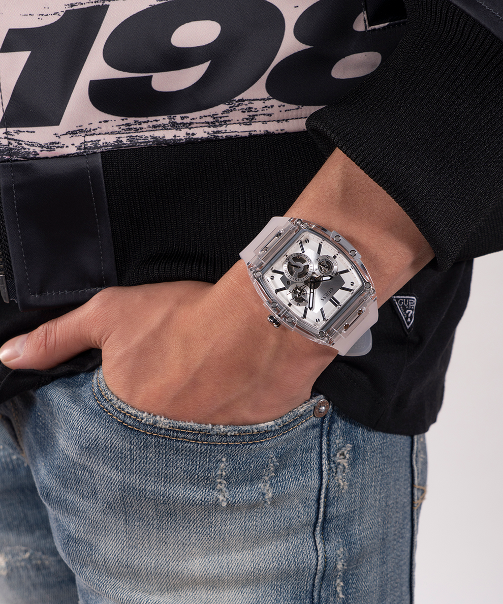 Guess Phoenix Multi Function Silver Dial White Rubber Strap Watch for Men - GW0203G1
