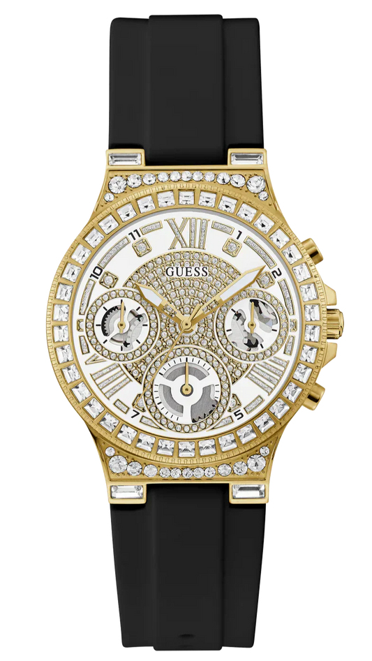 Guess Moonlight Crystals Silver Dial Black Silicone Strap Watch For Women - GW0257L1
