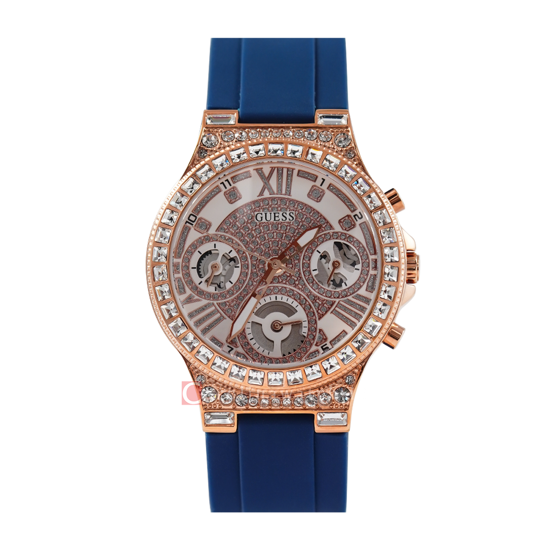Guess Moonlight Diamonds White Dial Blue Rubber Strap Watch for Women - GW0257L3