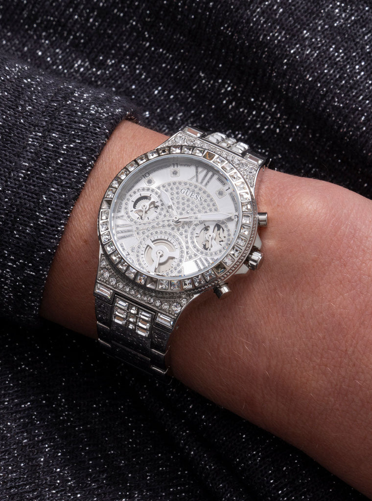 Guess Moonlight Multi Function Diamonds Silver Dial Silver Steel Strap Watch for Women - GW0320L1