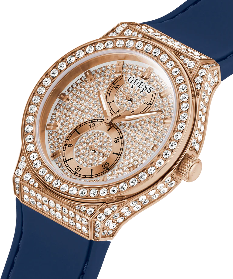 Guess Multifunction Crystals Rose Gold Dial Blue Rubber Strap Watch For Women - GW0439L4