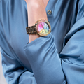 Guess Confetti Chronograph Rainbow Dial Gold Steel Strap Watch For Women - GW0483L4