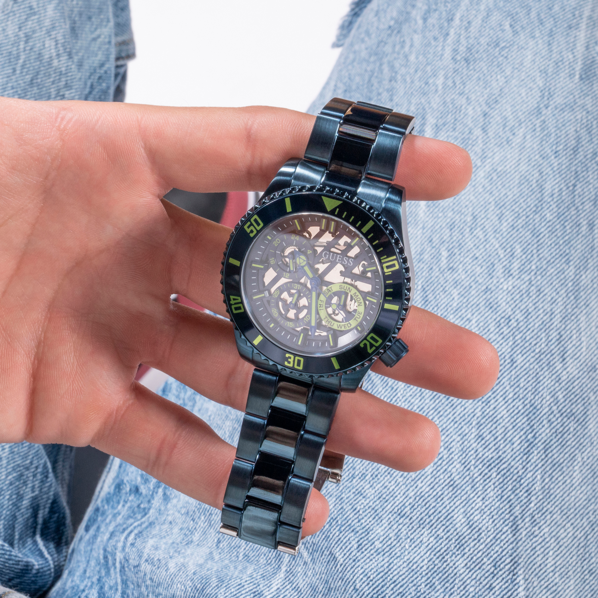 Guess Axle Multifunction Navy Blue Dial Blue Steel Strap Watch For Men - GW0488G4