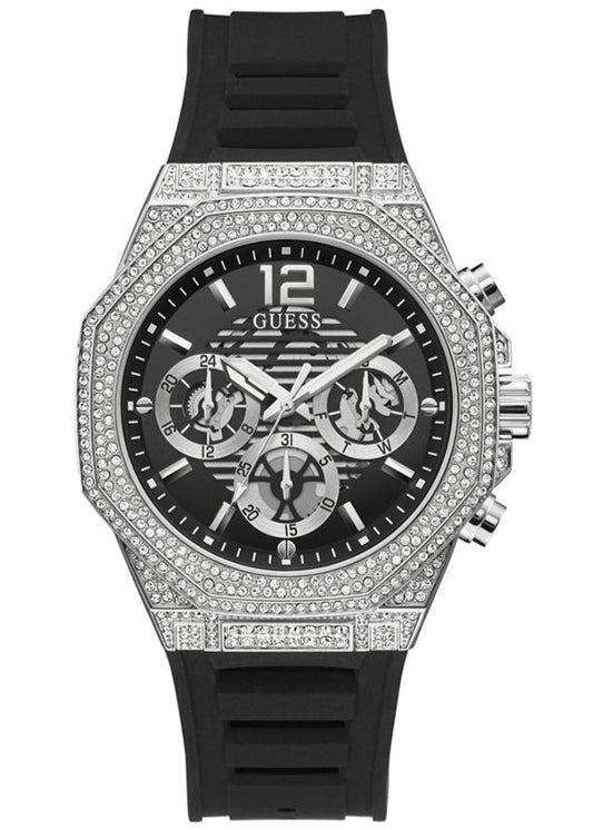 Guess Momentum Chronograph Crystals Black Dial Black Silicone Strap Watch For Men - GW0518G1
