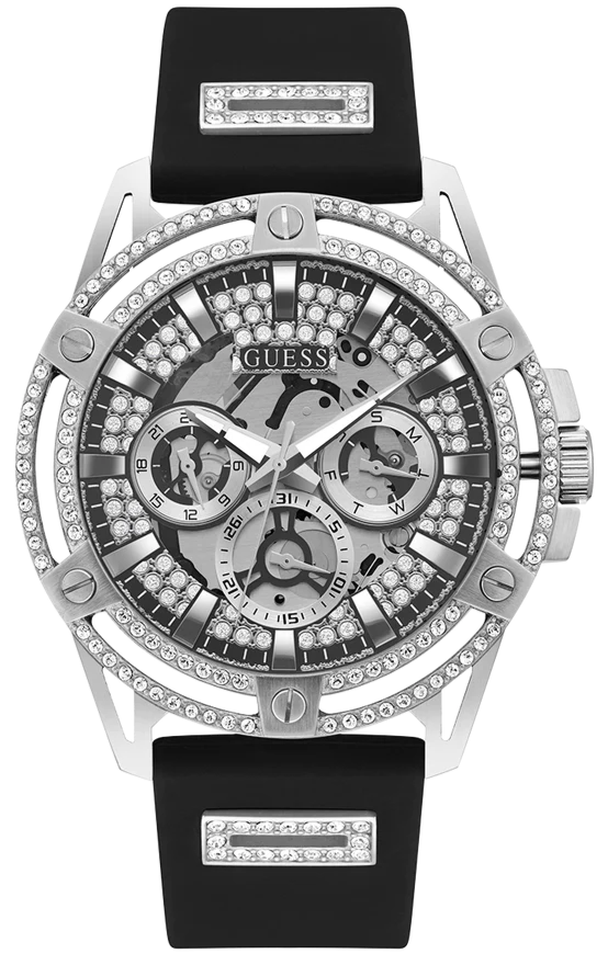 Guess King Quartz Crystals Silver Dial Black Silicone Strap Watch For Men - GW0537G1