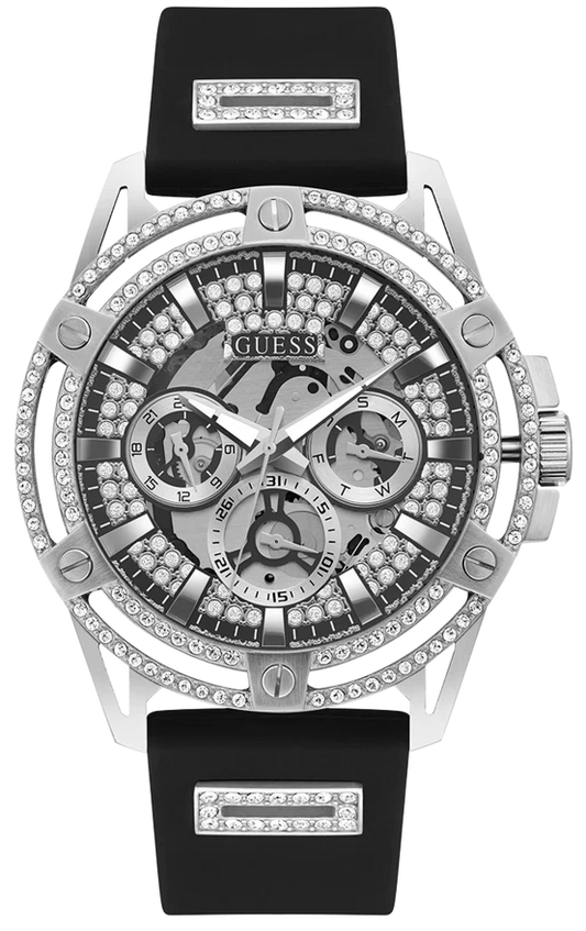 Guess King Quartz Crystals Silver Dial Black Silicone Strap Watch For Men - GW0537G1