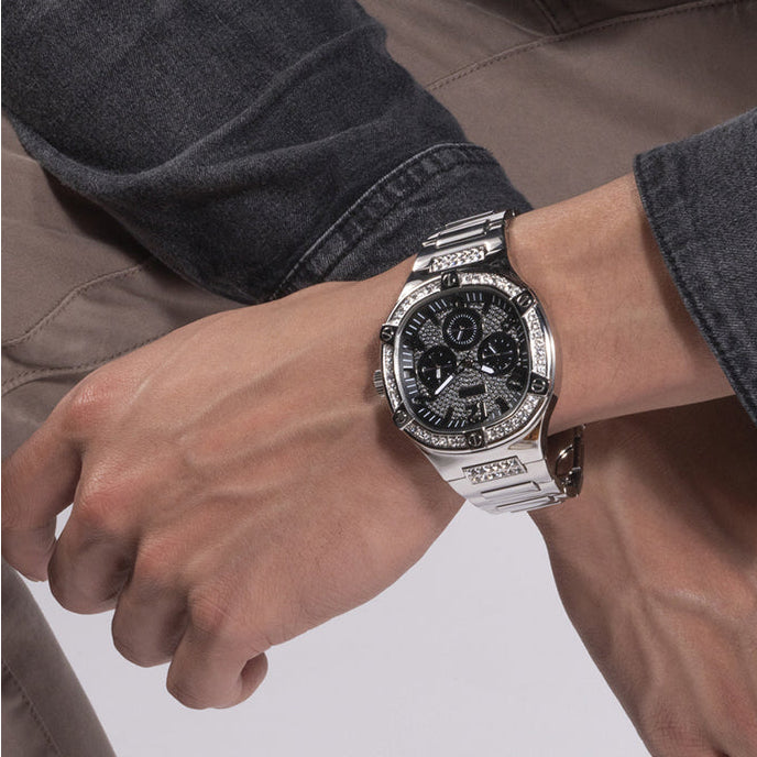 Guess Duke Glitz Black Dial Silver Steel Strap Watch For Men - GW0576G1