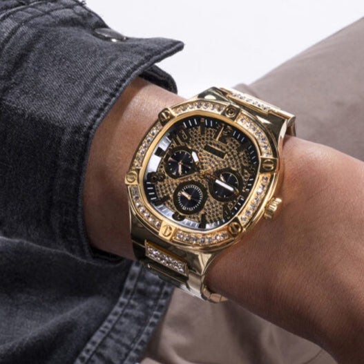 Guess Duke Glitz Crystals Gold Dial Gold Steel Strap Watch For Men - GW0576G2