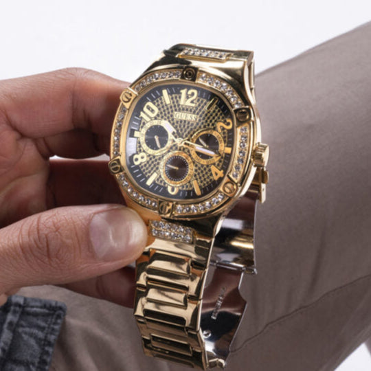 Guess Duke Glitz Crystals Gold Dial Gold Steel Strap Watch For Men - GW0576G2