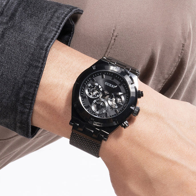 Guess Continental Chronograph Black Dial Black Mesh Strap Watch For Men - GW0582G3