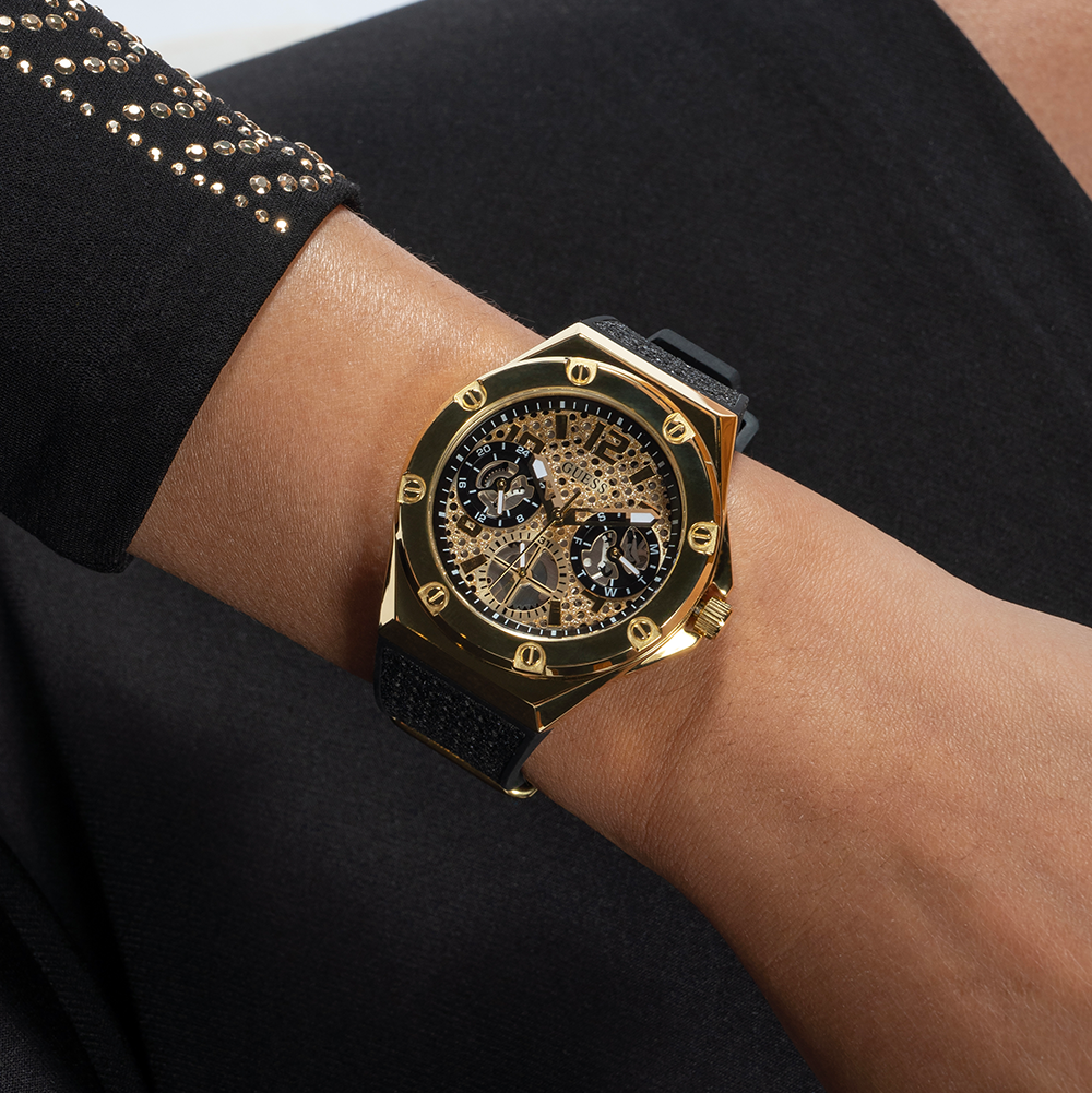 Guess Asteria Multifunction Gold Dial Black Rubber Strap Watch For Women - GW0620L2