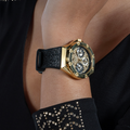 Guess Asteria Multifunction Gold Dial Black Rubber Strap Watch For Women - GW0620L2