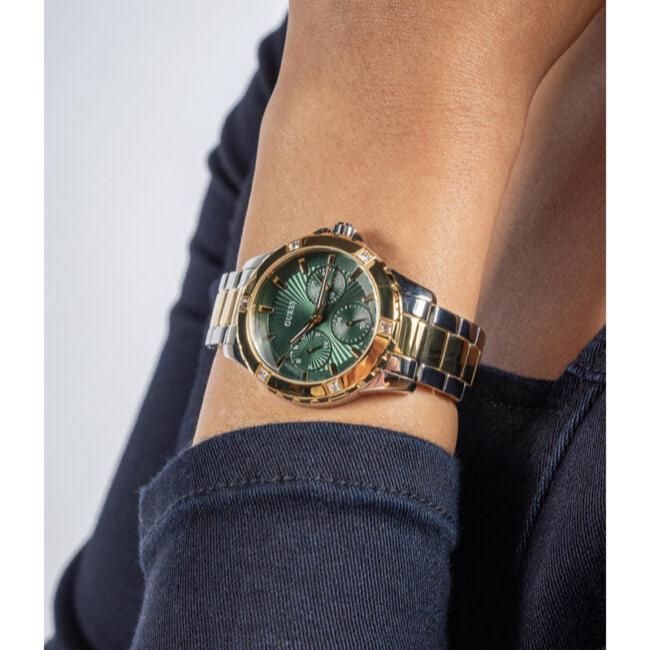 Guess Mist Analog Green Dial Two Tone Steel Strap Watch For Women - GW0723L1