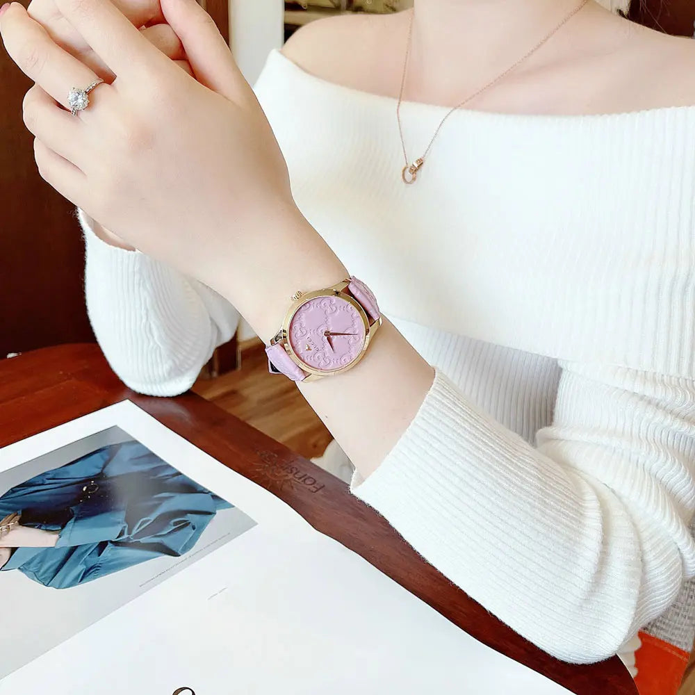 Gucci G Timeless Quartz Lilac Dial Lilac Leather Strap Watch For Women - YA1264098