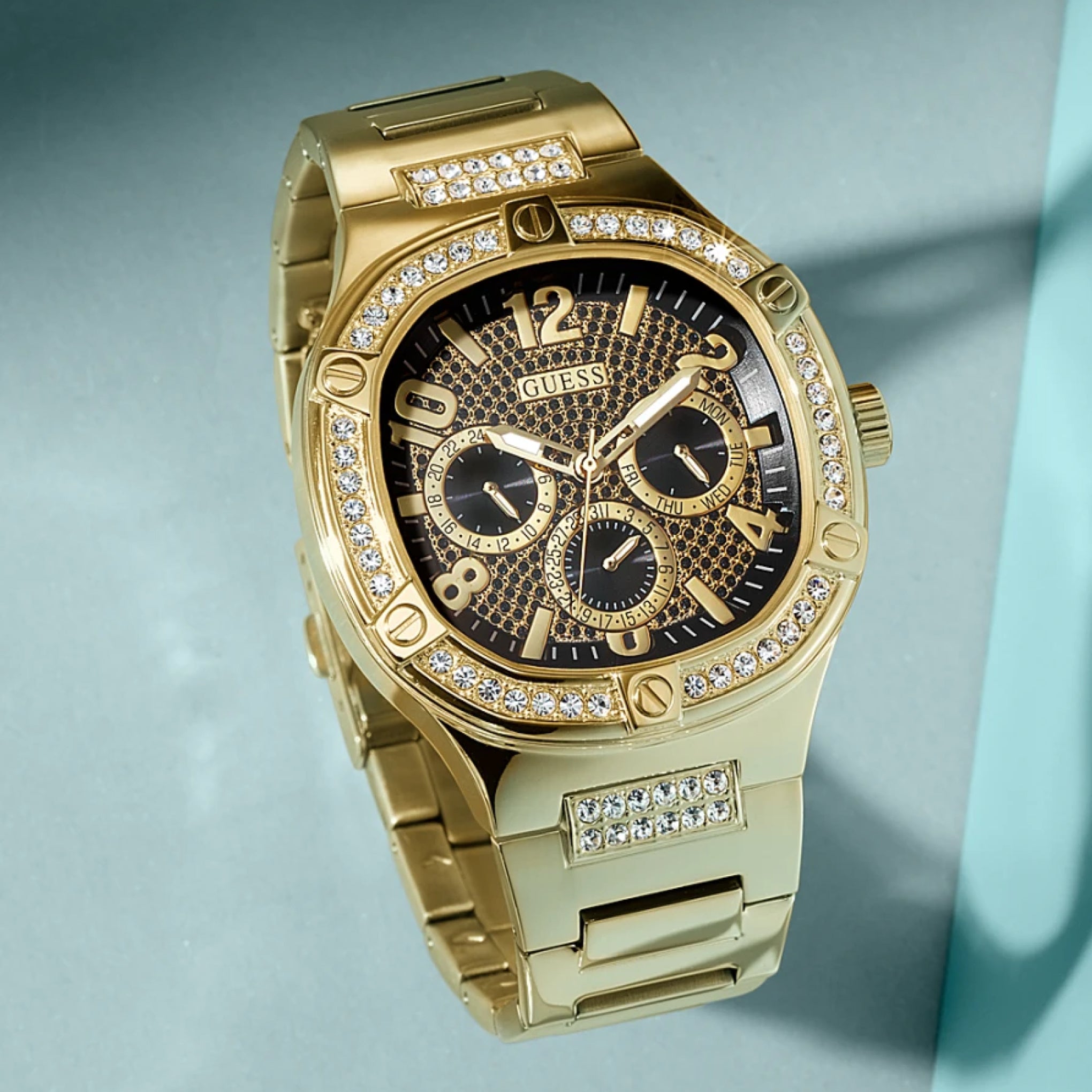 Guess Duke Glitz Crystals Gold Dial Gold Steel Strap Watch For Men - GW0576G2